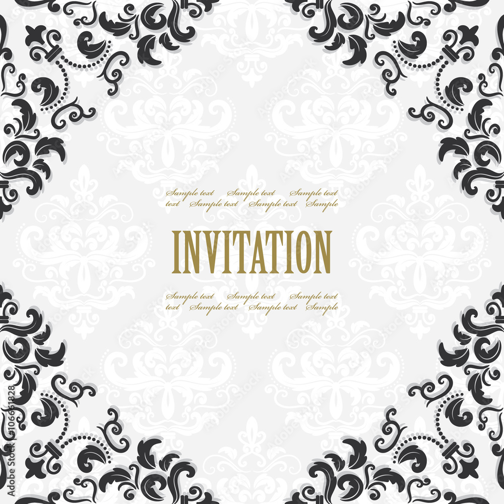 Filigree square frame on damask. Invitation card template. Filigree square frame on damask. Invitation card template.