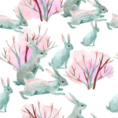 Crédence de cuisine Lapin patrons Rabbit in winter. Watercolor seamless pattern  © Tanya Syrytsyna