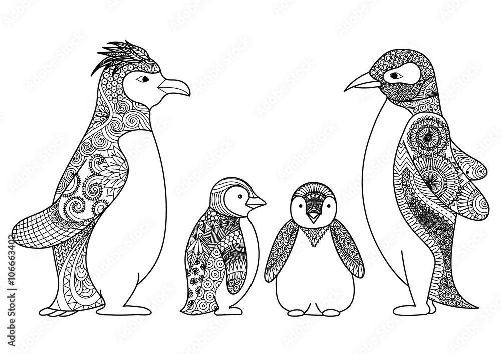 Obraz premium Penguins line art design for coloring book for adult, T shirt design, cards and so on