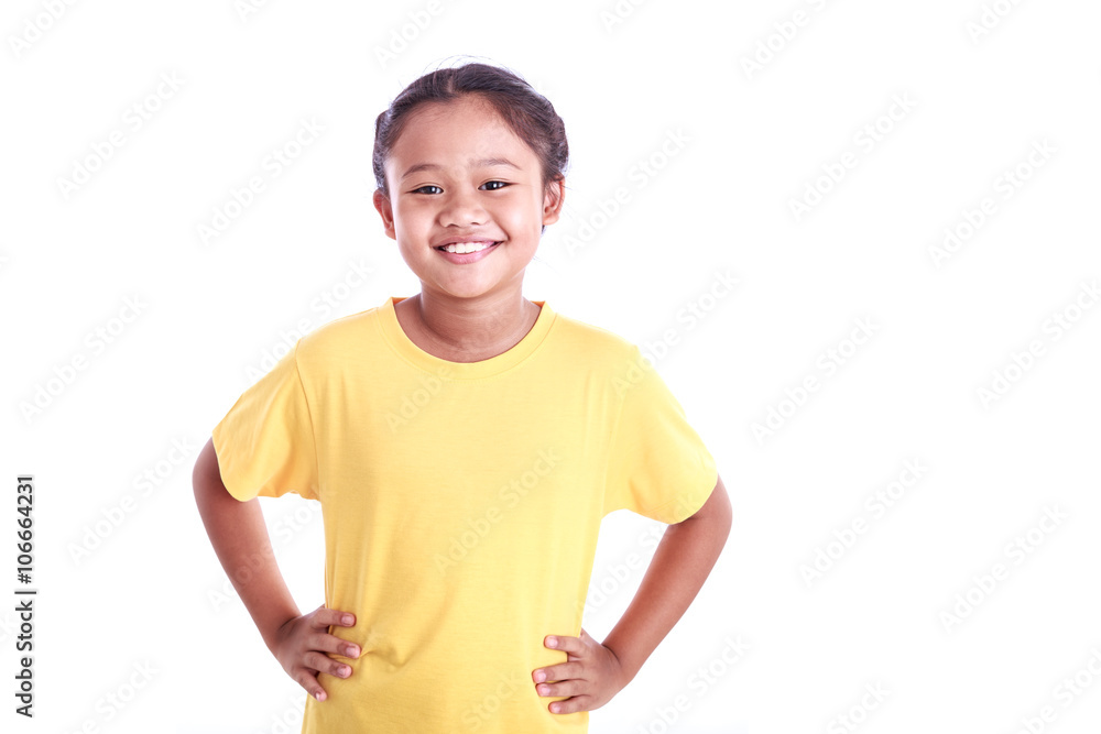 Portrait of young Asian girl with arms akimbo isolated on white