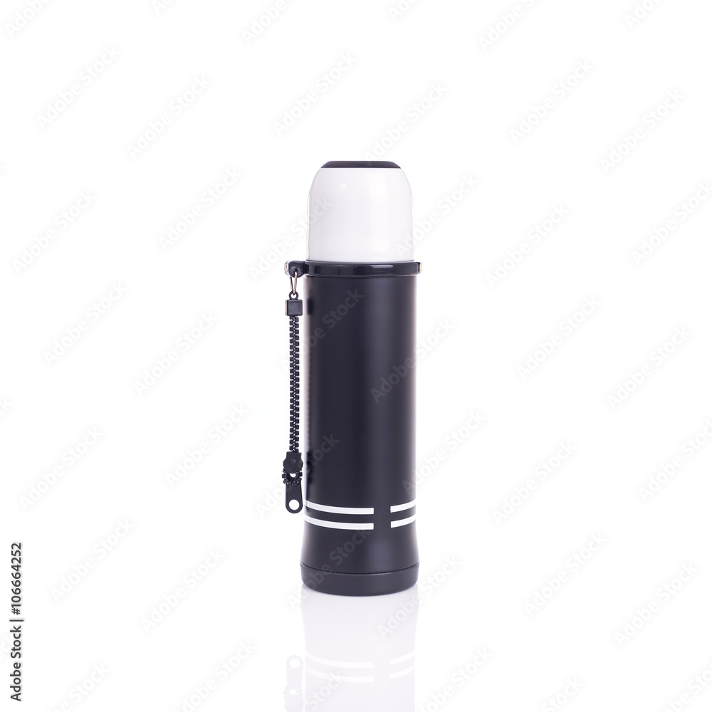 Close up new black thermos flask isolated on white Close up new black thermos flask isolated on white