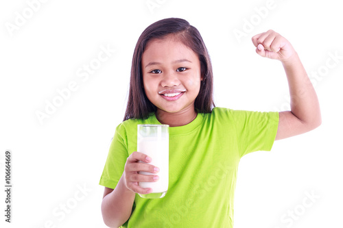 Portrait of young Asian girl holding milk glass isolated on whit