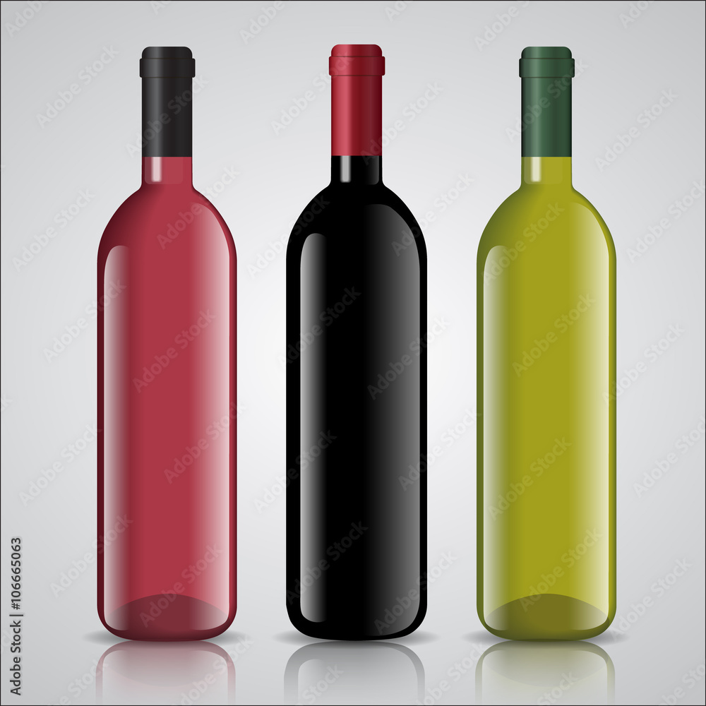 Three bottles of white and red wine with labels Three bottles of white and red wine with labels