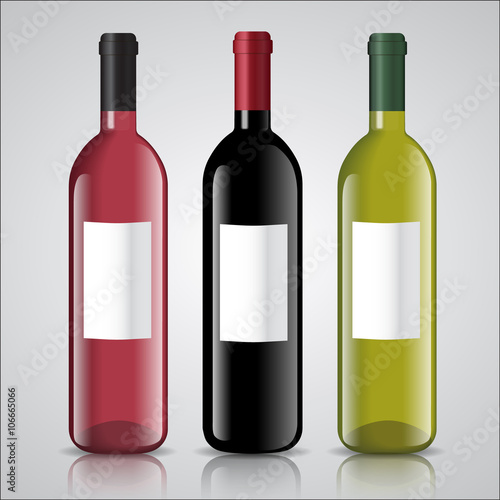 Three bottles of white and red wine with labels