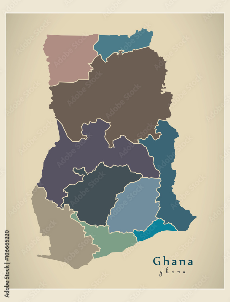 Modern Map - Ghana with regions colored GH