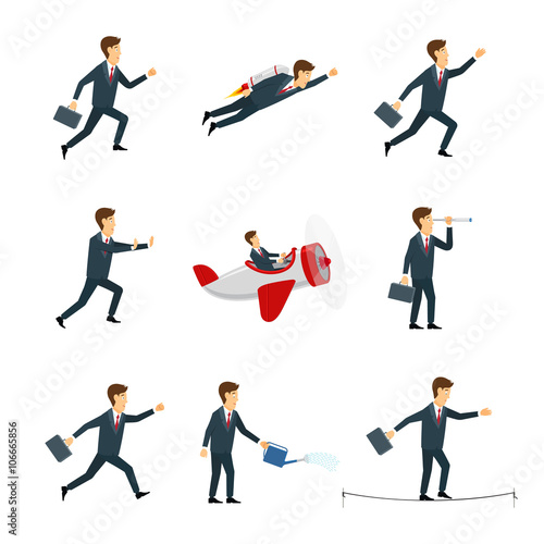 Vector Set of business people. Businessman walking to the success, businessman is in different situations. Vector illustration.