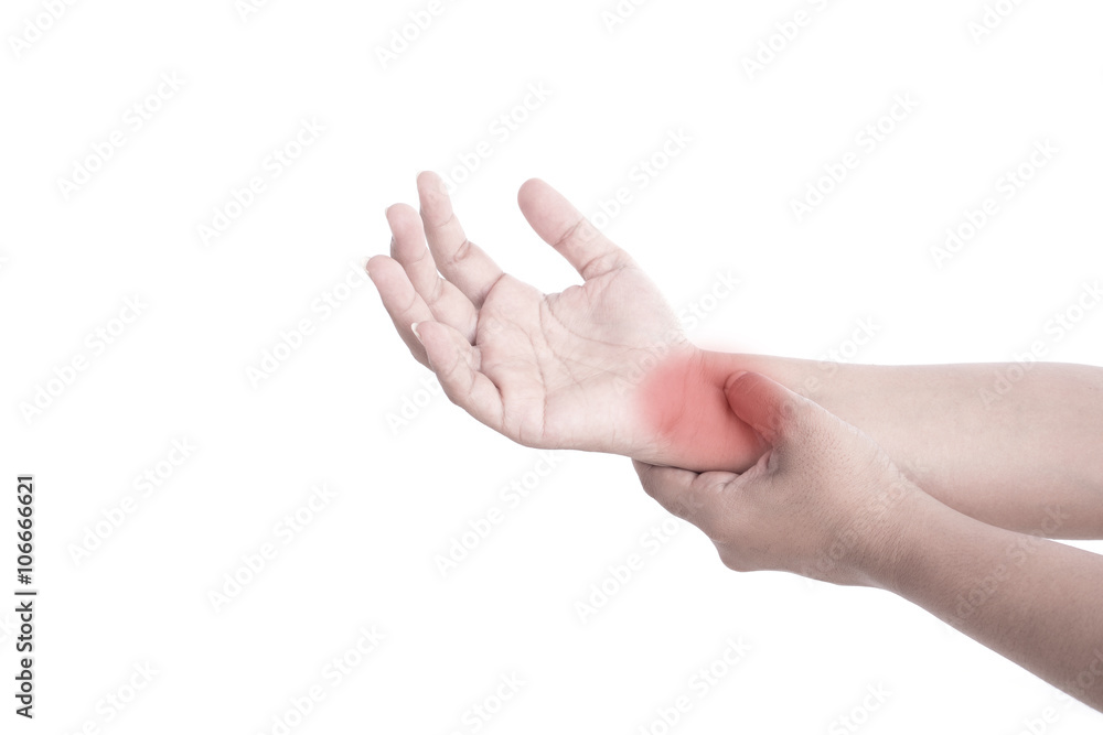 Close up woman's hand holding her wrist isolated on white . Wris Close up woman's hand holding her wrist isolated on white . Wris