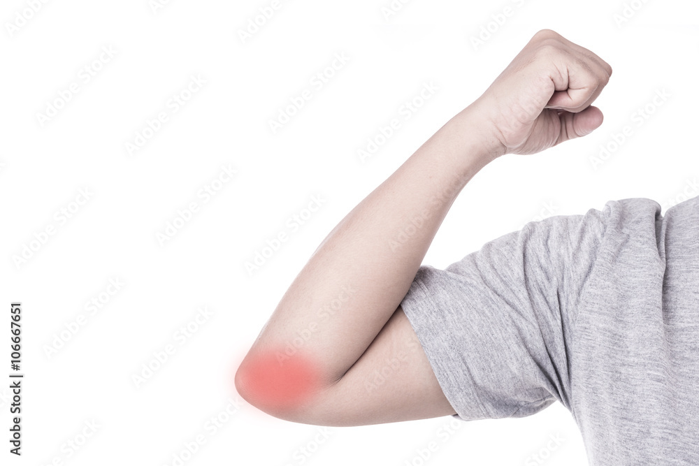 Close up woman's hand holding her elbow isolated on white. Elbow Close up woman's hand holding her elbow isolated on white. Elbow