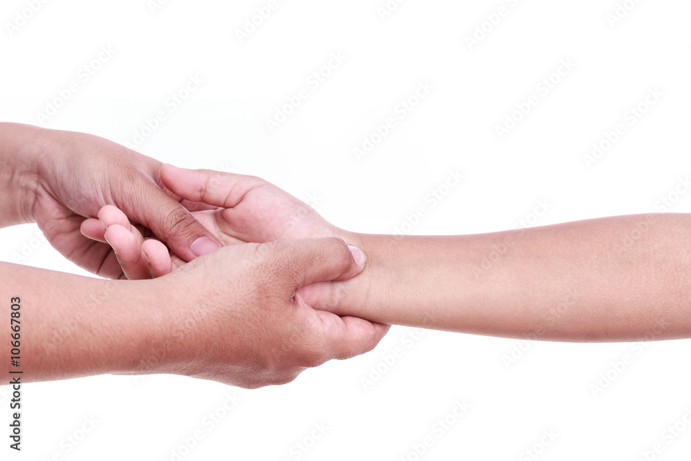 Close up woman's hand holding children's hand. Hand pain concept Close up woman's hand holding children's hand. Hand pain concept