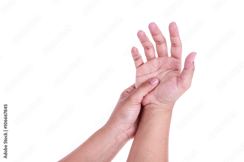 Close up woman's holding her hand isolated on white. Hand pain c Close up woman's holding her hand isolated on white. Hand pain c