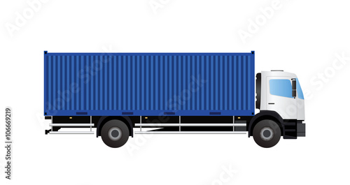 White truck with blue container side view on white background, vector eps10 illustration