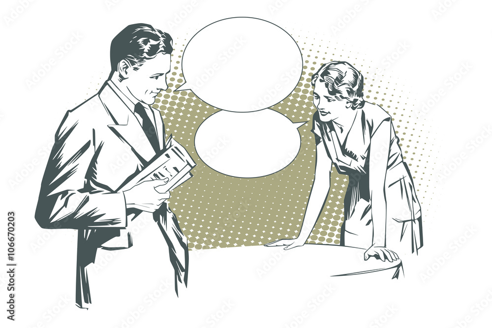 Stock illustration. People in retro style pop art and vintage advertising. Client cafes talking with the waitress. Stock illustration. People in retro style pop art and vintage advertising. Client cafes talking with the waitress.