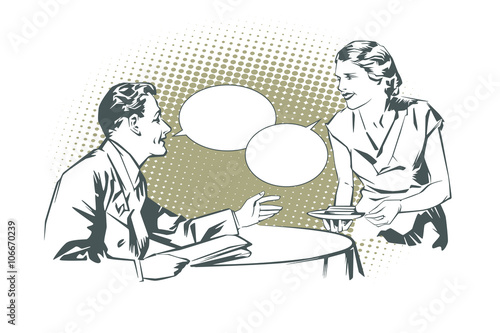 Stock illustration. People in retro style pop art and vintage advertising. Client cafes talking with the waitress.