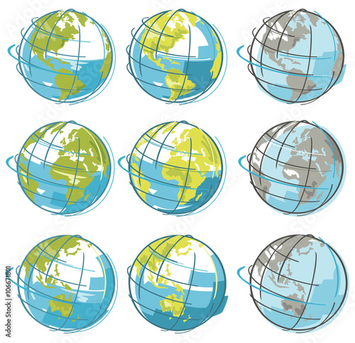 Hand drawn vector concept of Planet Earth Globes.
Marker Pen Sketches with ink latitude and longitude lines. 