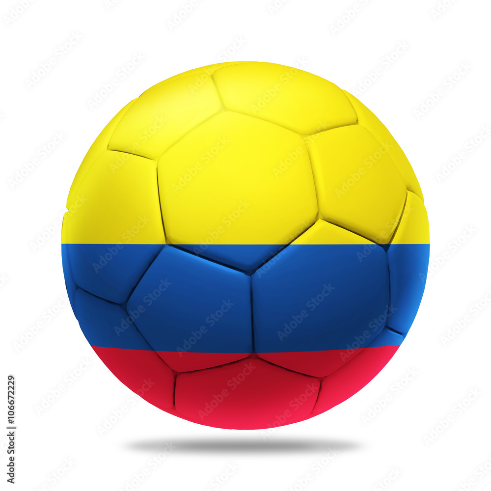 3D soccer ball with columbia team flag, isolated on white