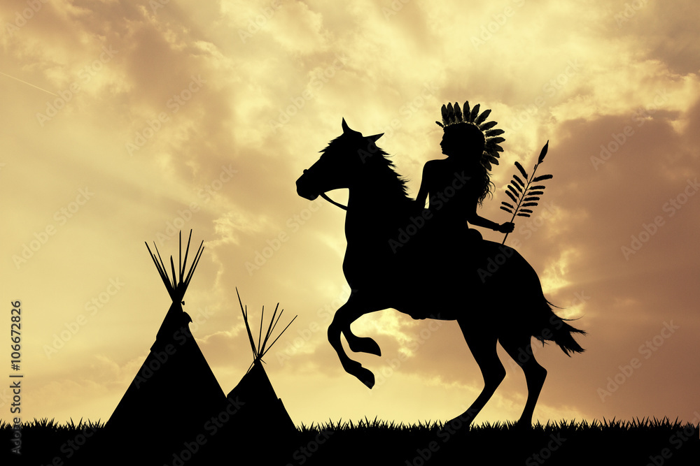 Obraz Indianin na koniu o zachodzie słońca