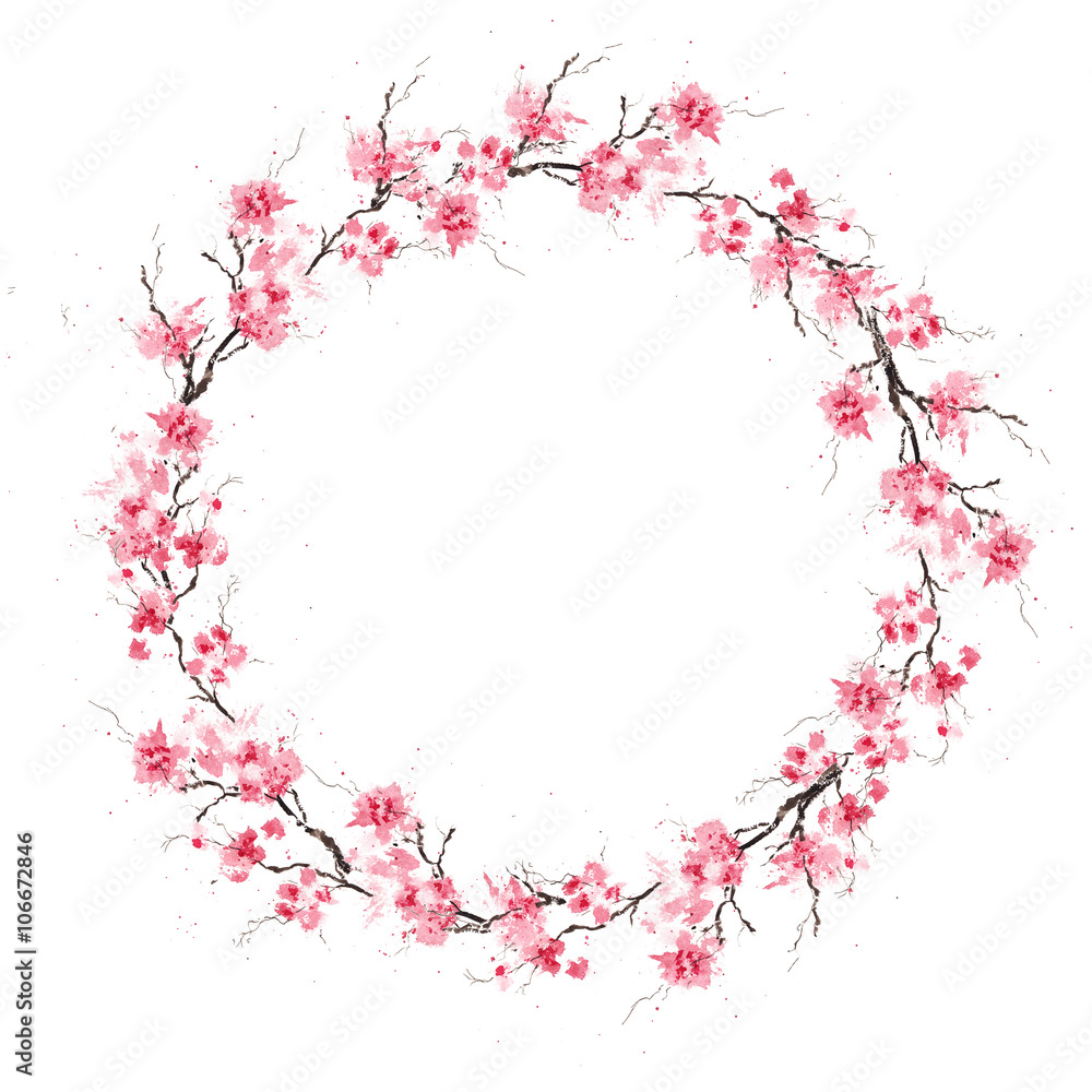 Naklejka premium Spring cherry sakura wreath. Original watercolor pattern.