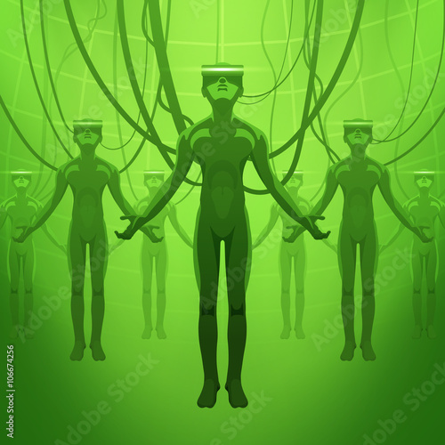 Futuristic male figures in the VR headsets. Vector concept illustration