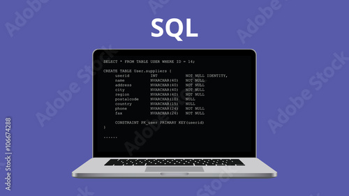 sql syntax programming illustration with laptop and code program