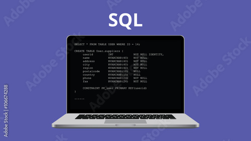 sql syntax programming illustration with laptop and code program photo