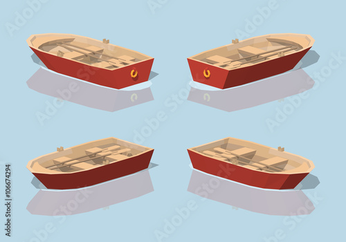 Low poly red punt boat. 3D lowpoly isometric vector illustration. The set of objects isolated against the light-blue background and shown from different sides