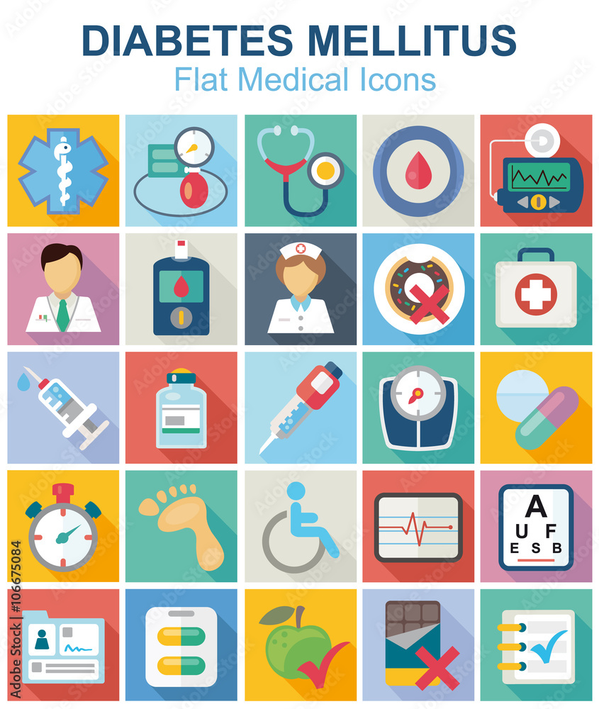 Diabetes flat medical color icon set