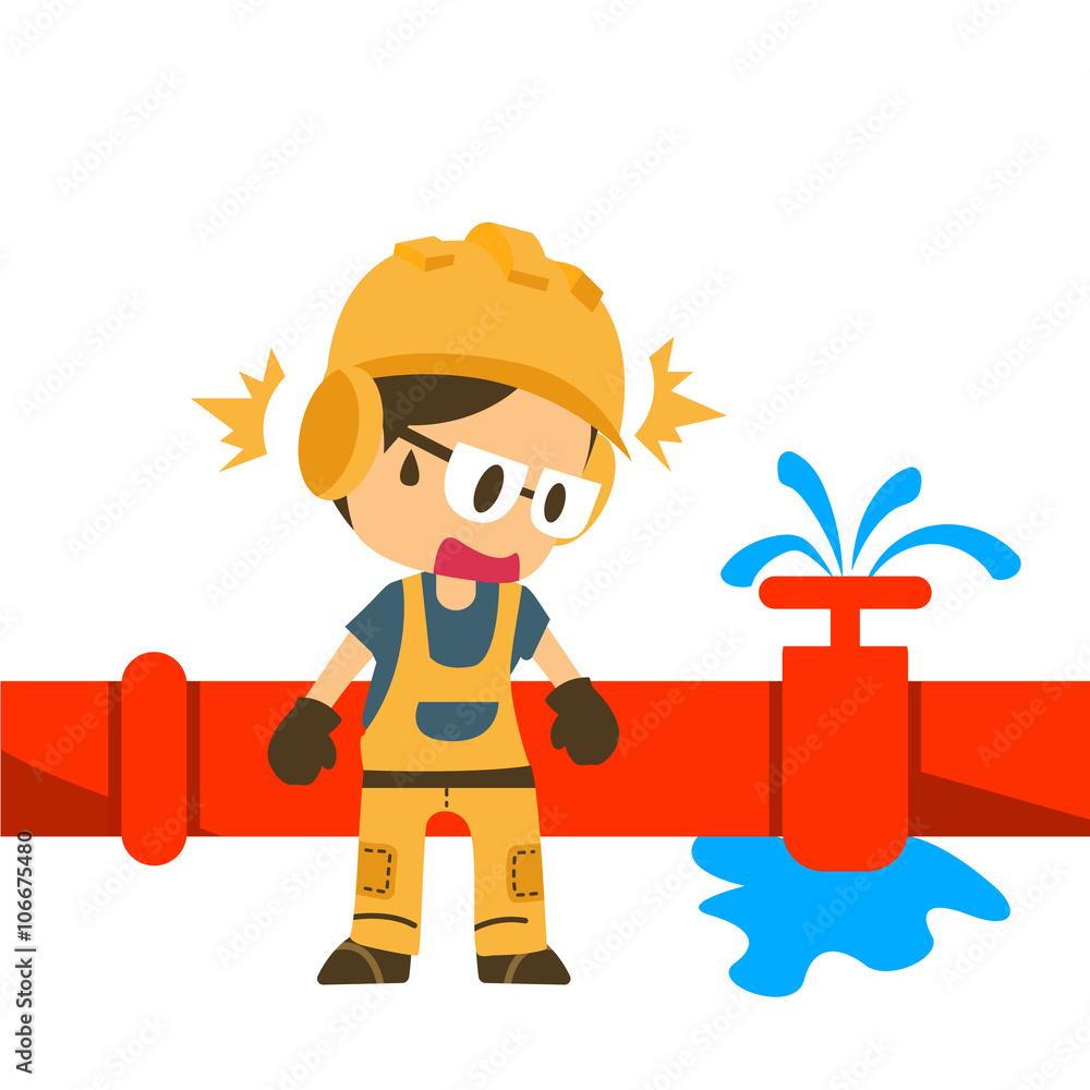 Water leaking with Construction worker, safety first, health and safety warning signs, vector