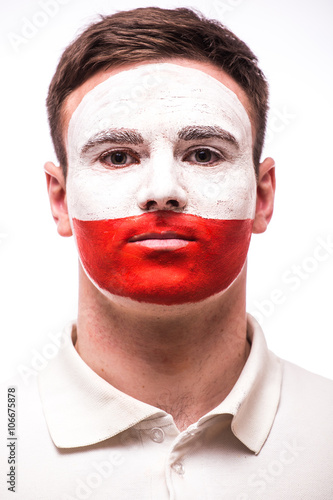 Face Portrait of Polish football fan pray for Poland national team on white background. European 2016 football fans concept. photo