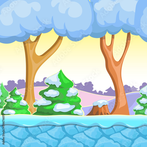 Seamless cartoon winter landscape, vector with  snow trees, mountains, ice and sky layers.