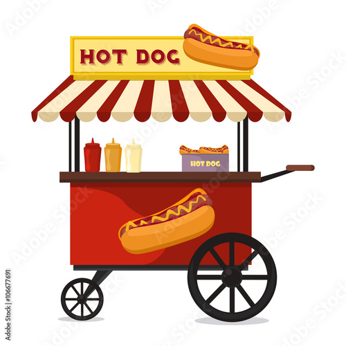 Hot dog fast food shop street cart city flat vector. 
