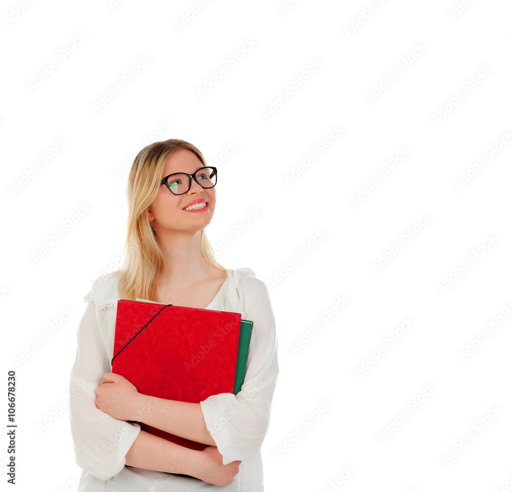 Student blonde girl with red folder