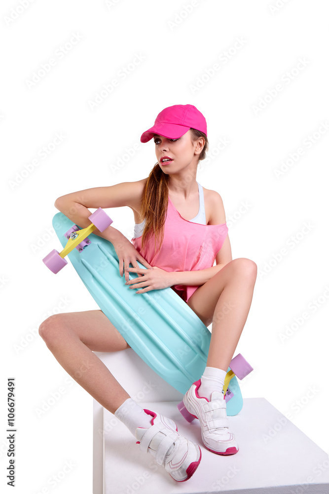 sexy young seductive woman posing with longboard desk on white background sexy young seductive woman posing with longboard desk on white background
