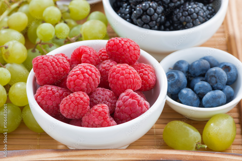 bowl of raspberries, fresh berries and green grapes bowl of raspberries, fresh berries and green grapes