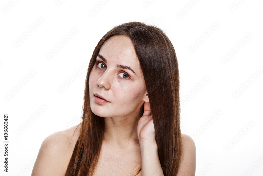 NO MAKEUP Natural Clean Face of Young Brunette Girl Without No makeup. Studio Portrait White Isolated NO MAKEUP Natural Clean Face of Young Brunette Girl Without No makeup. Studio Portrait White Isolated