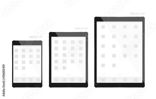 Tablet black design display size 7.9, 9.7 and 12.9 inches mock up, screen template illustration isolated on white background