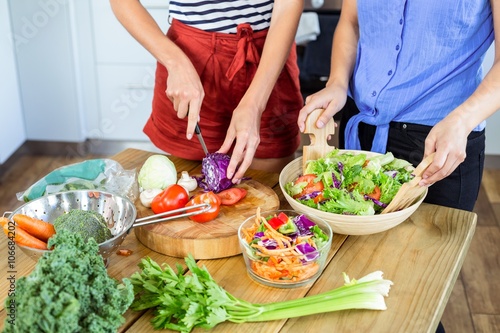 Midsection of female friends cutting vegetables in kitchen