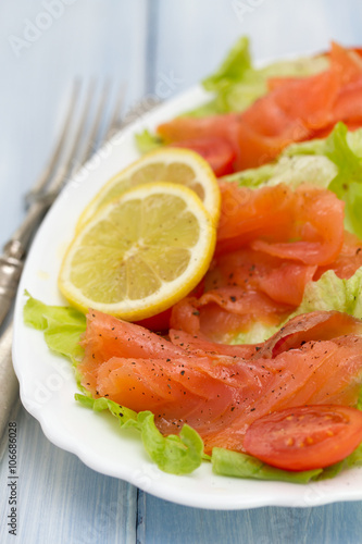 salad with salmon on white dish on blue wooden background