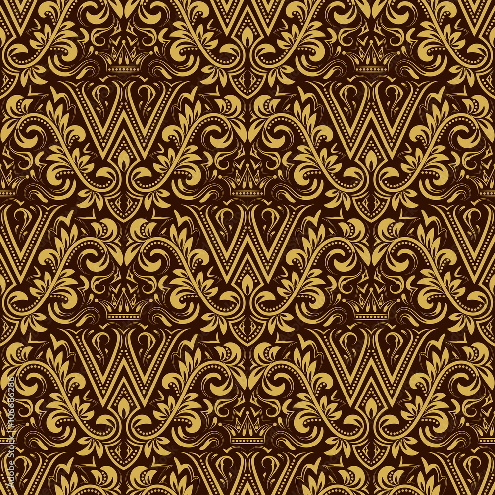 Damask seamless pattern repeating background. Gold brown floral ornament  with W letter and crown in baroque style. Antique golden repeatable  wallpaper. Stock Vector | Adobe Stock