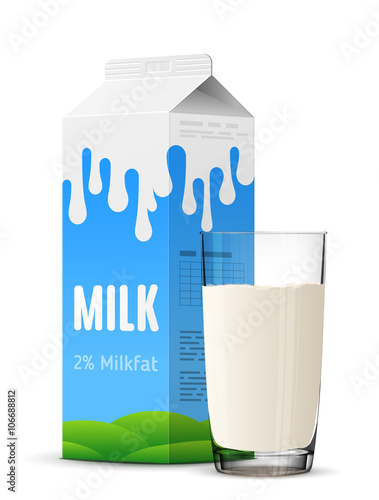 Glass of milk with gable top package close up. Cow milk carton and milk cup  isolated on white background. Vector illustration for milk, food service,  dairy, beverages, gastronomy, health food, etc Stock