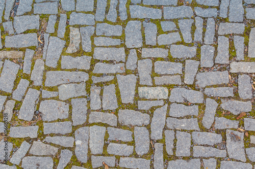 Sidewalk lined with stones of equal size in a certain order.