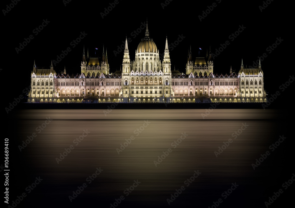 City Night. Reflection of Houses of Parliament in Budapest, Hungary.