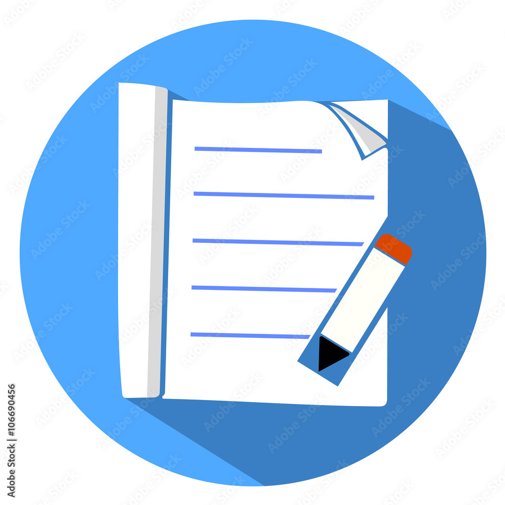Flat white edit icon on round blue background with shadow, desig Flat white edit icon on round blue background with shadow, desig