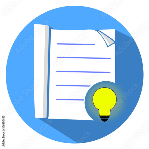 Flat white list icon on round blue background with shadow, desig