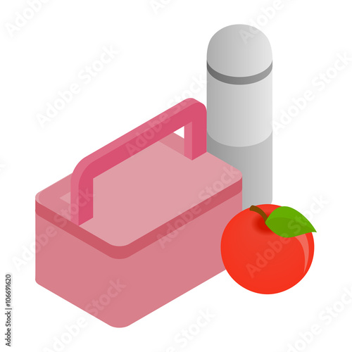 Pink lunch box, red apple and thermos icon