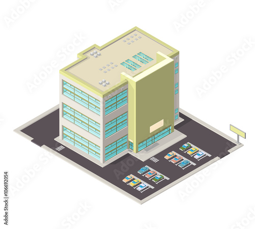 Office building with grounds and cars - Place of Work concept.
Isometric vector illustration of a large Office with carpark.
