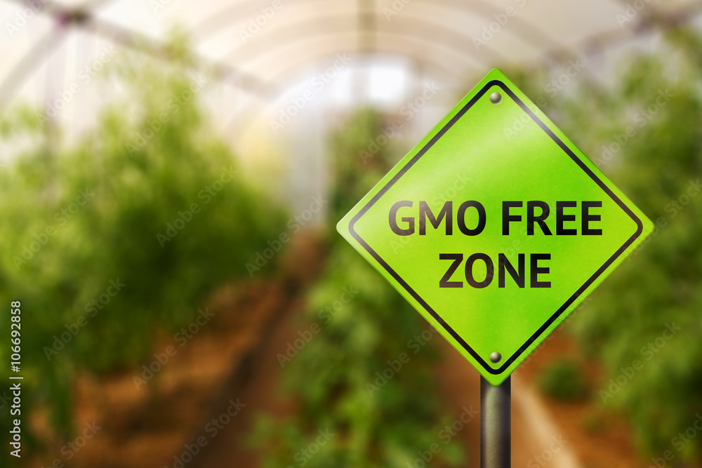 GMO free zone. Sign and natural products in the greenhouse