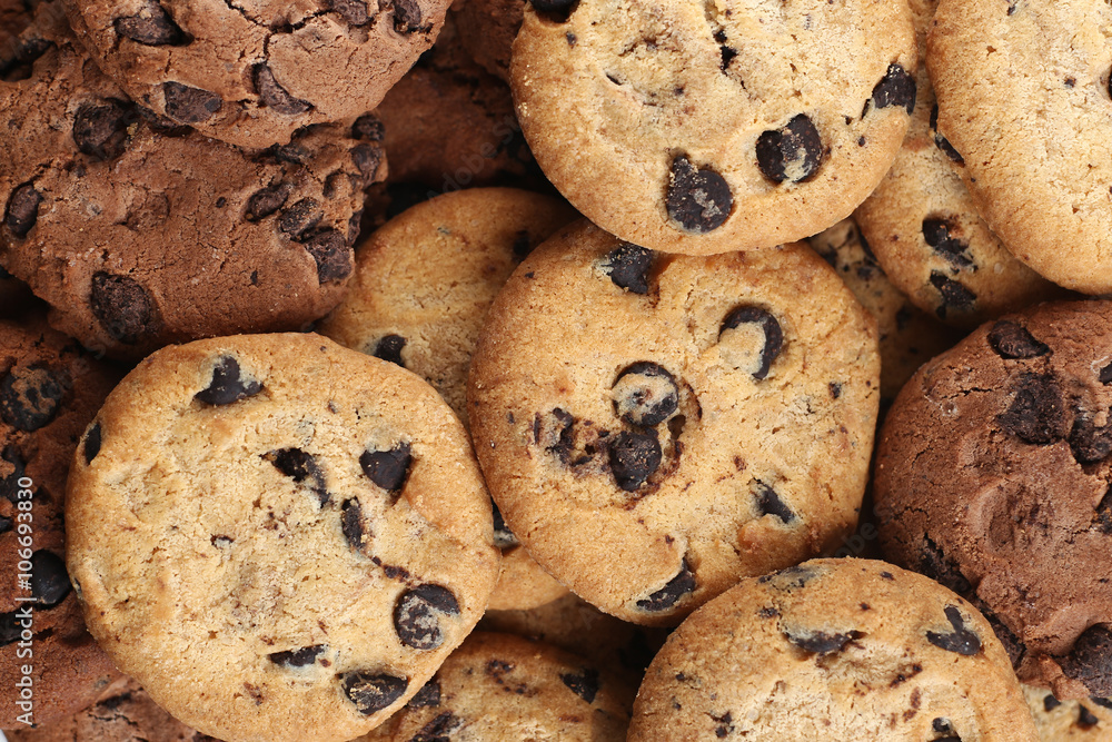 Cookies with chocolate chip assorted. Close up background. Top v Cookies with chocolate chip assorted. Close up background. Top v