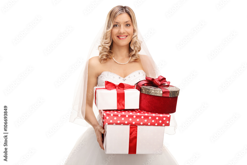 Bride holding a bunch of wedding presents Bride holding a bunch of wedding presents