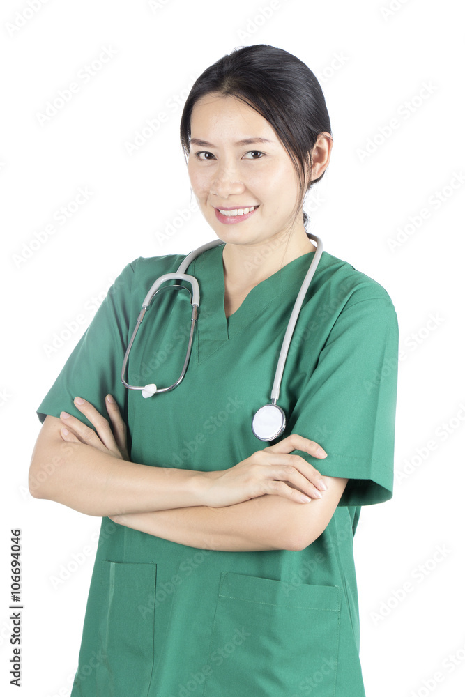 Beautiful smiling young nurse in surgery uniform Isolated on wh Beautiful smiling young nurse in surgery uniform Isolated on wh