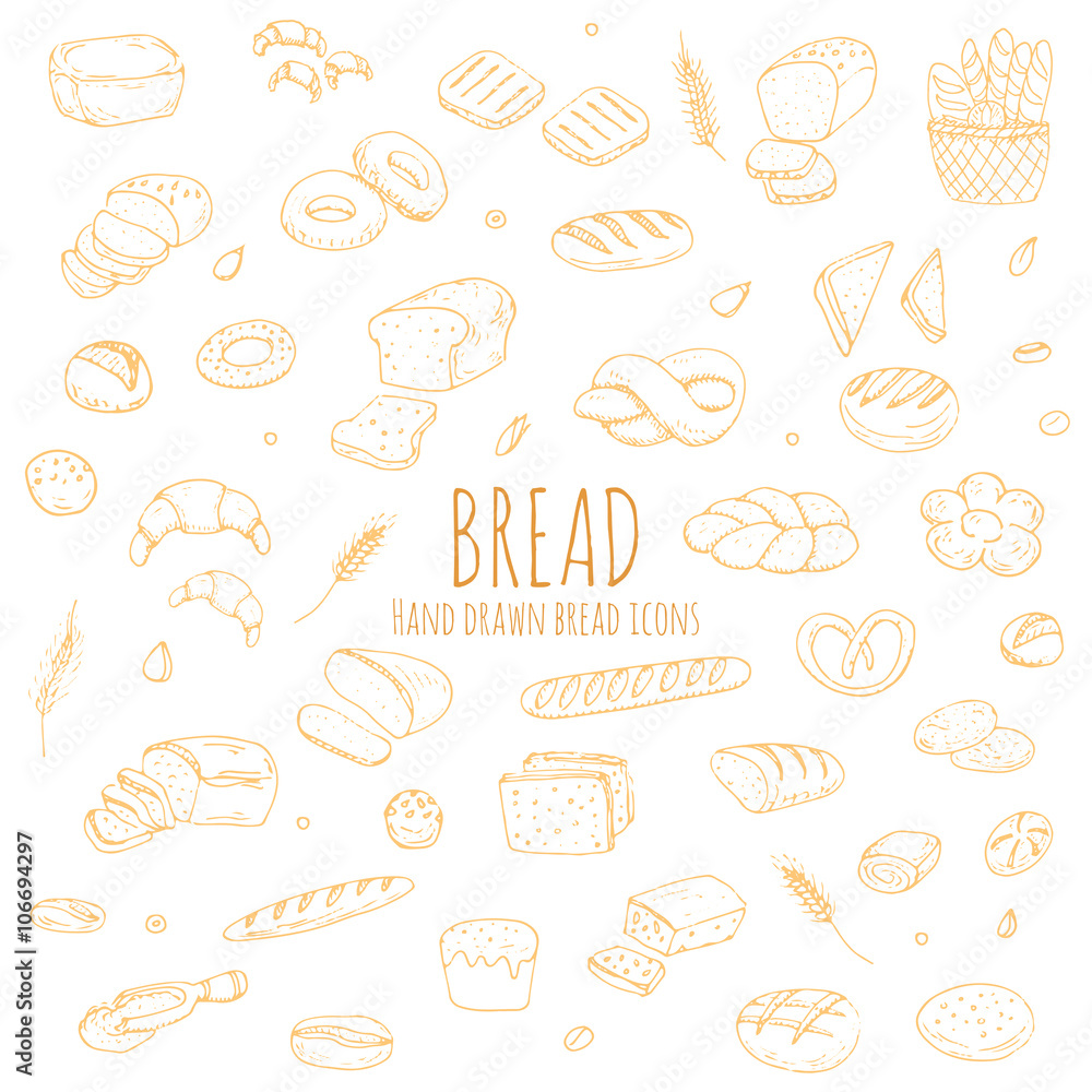 Hand drawn doodle set of cartoon food: rye bread, ciabatta, whole grain bread, bagel, sliced bread, french baguette, croissant Bread set Vector illustration Sketchy bread elements collection